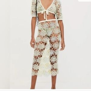 For Love & Lemons MED Sofia Set Swim Coverup SeeThru Crochet Crop Top Midi Skirt